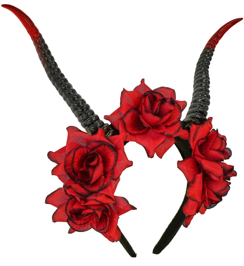 Hoorns met rode rozen haarband dames zwart rood