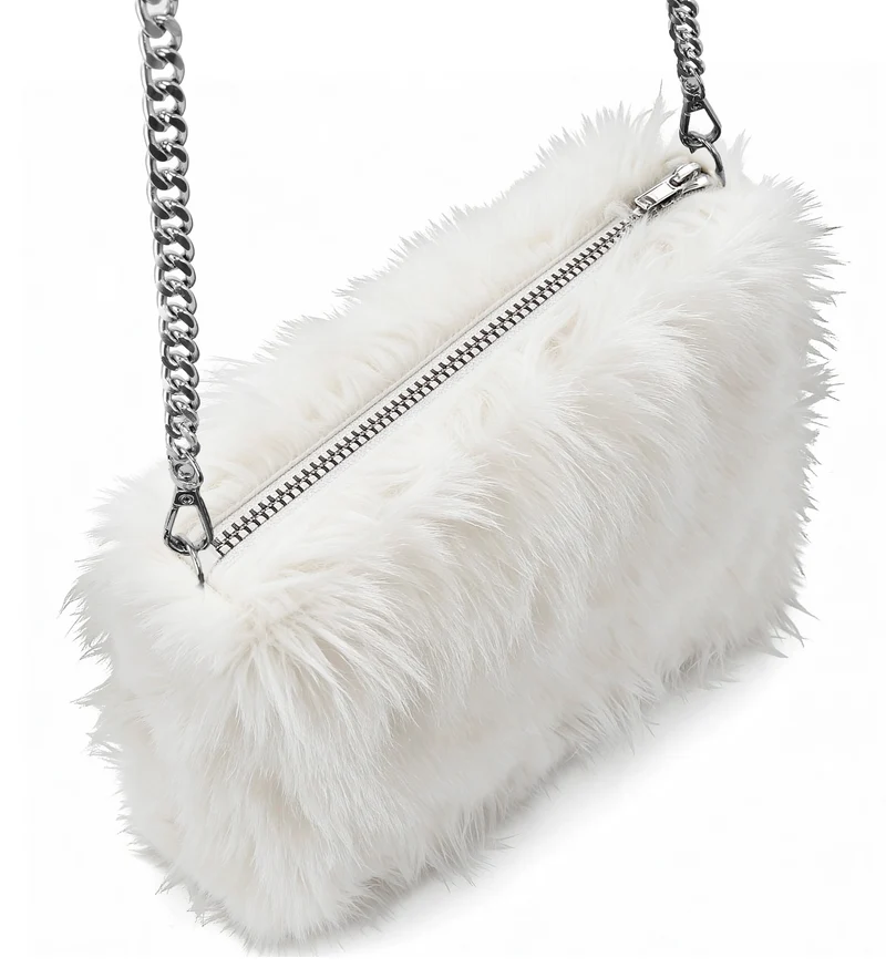 Handtas pluche wit met zilveren ketting dames