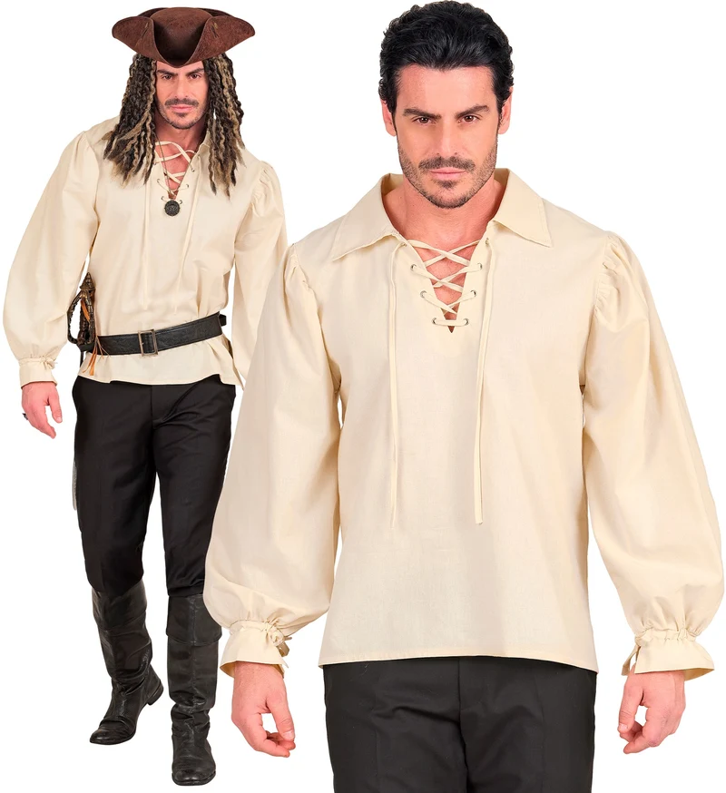 Piraten shirt beige met veterhals voor heren