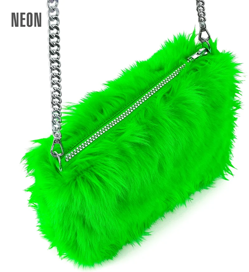 Handtas neon groen pluche met ketting dames