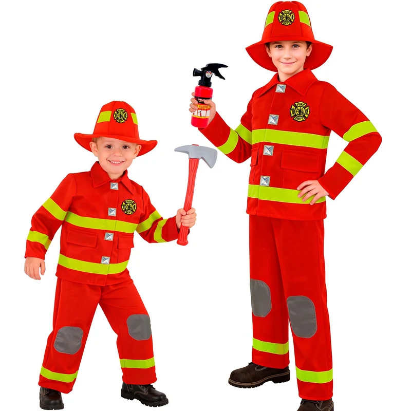 Brandweer kostuum jongens rood met jas, broek en hoed