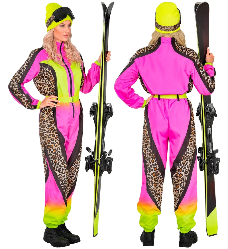 Fout Ski Pak Snowboarder Luipaard Roze/Geel - Retro Skipak | Jaren 80 Foute Kleding