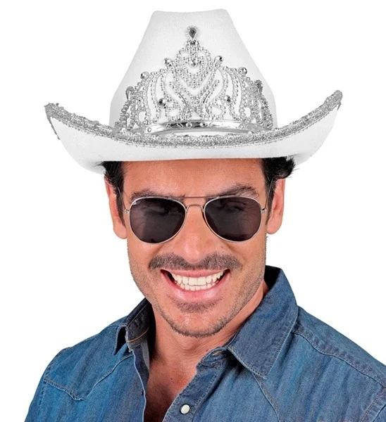 Cowboyhoed partygirl met tiara wit haarband Maud