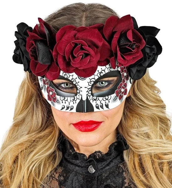 Oogmasker dag van de doden met zwarte en rode rozen Lynn