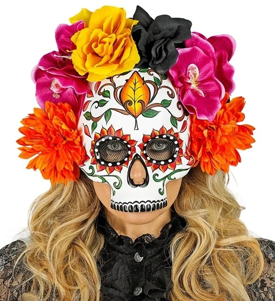 Schedelmasker dag van de doden met gekleurde bloemen Anouk