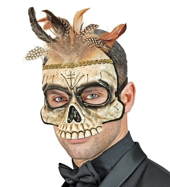 Kinloos masker voodoo schedel met veren Maud