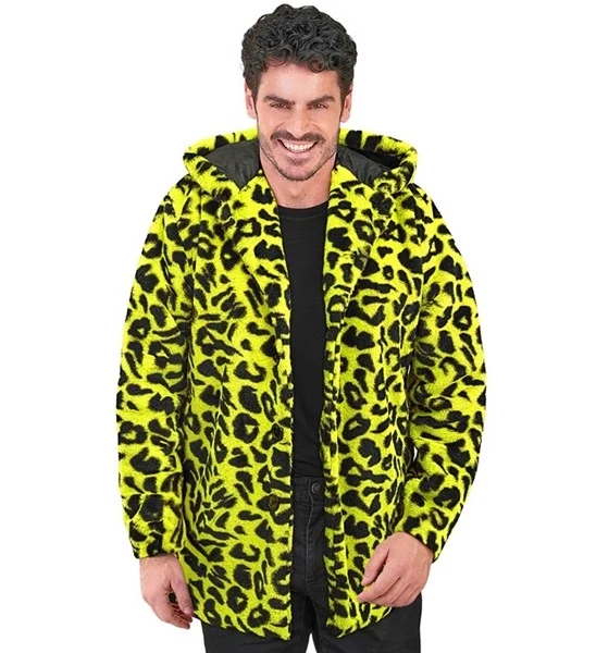 Bontjas met muts pluche luipaard neon geel Siem
