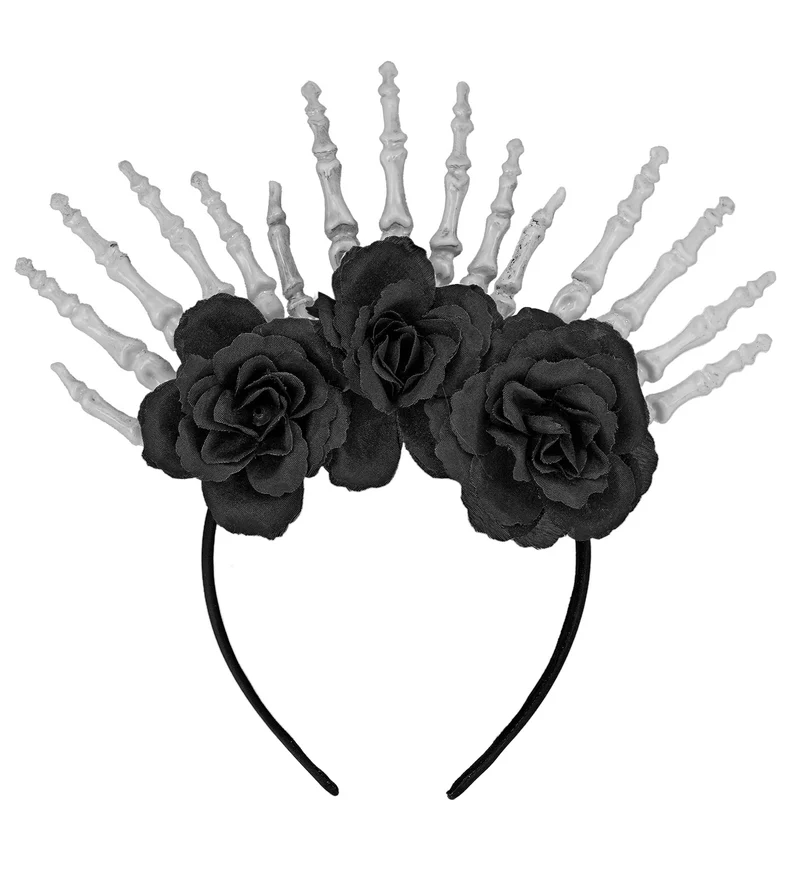 Hoofdband skelet handen en zwarte rozen Liv