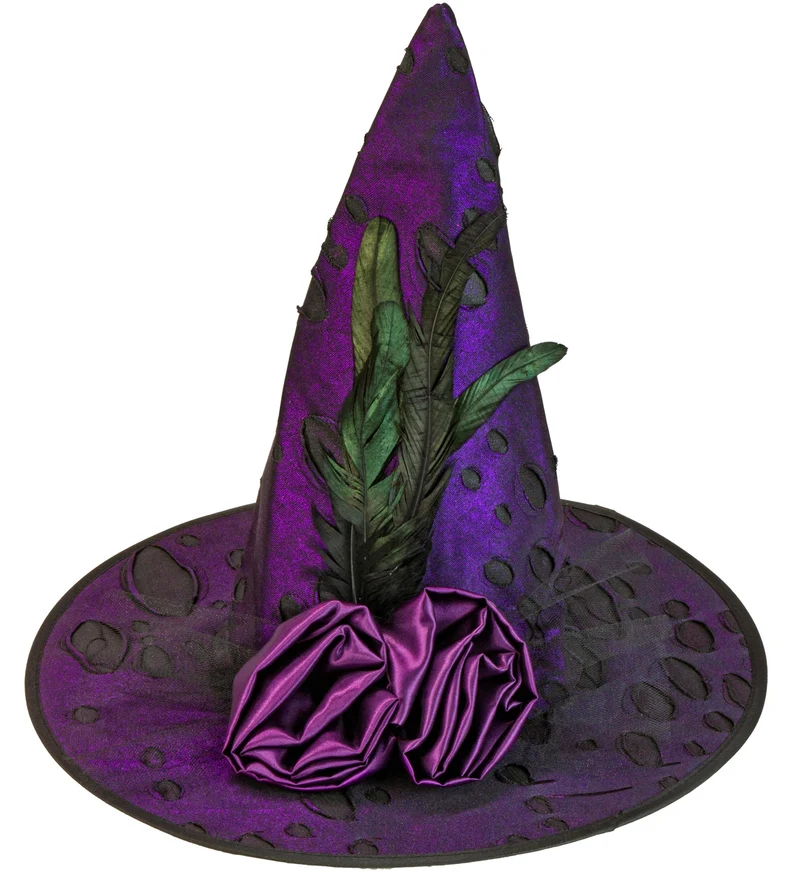 Heksenhoed met bloemen en veren