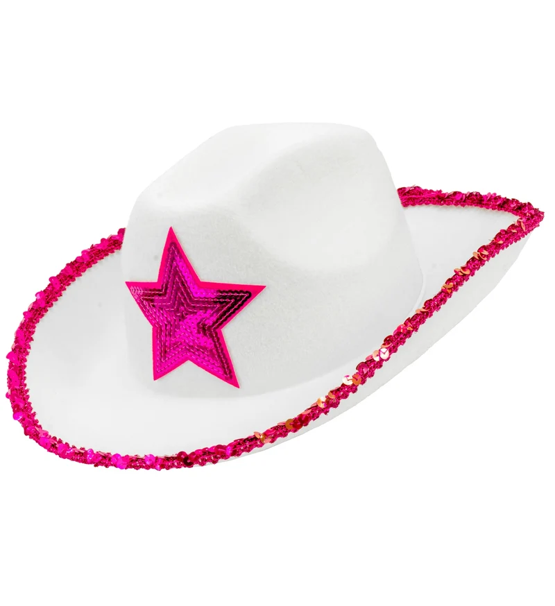 Witte cowboyhoed met roze paillettten ster
