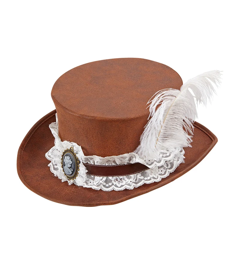 Hoge hoed steampunk met veer