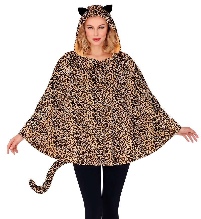Luipaard poncho met muts volwassenen