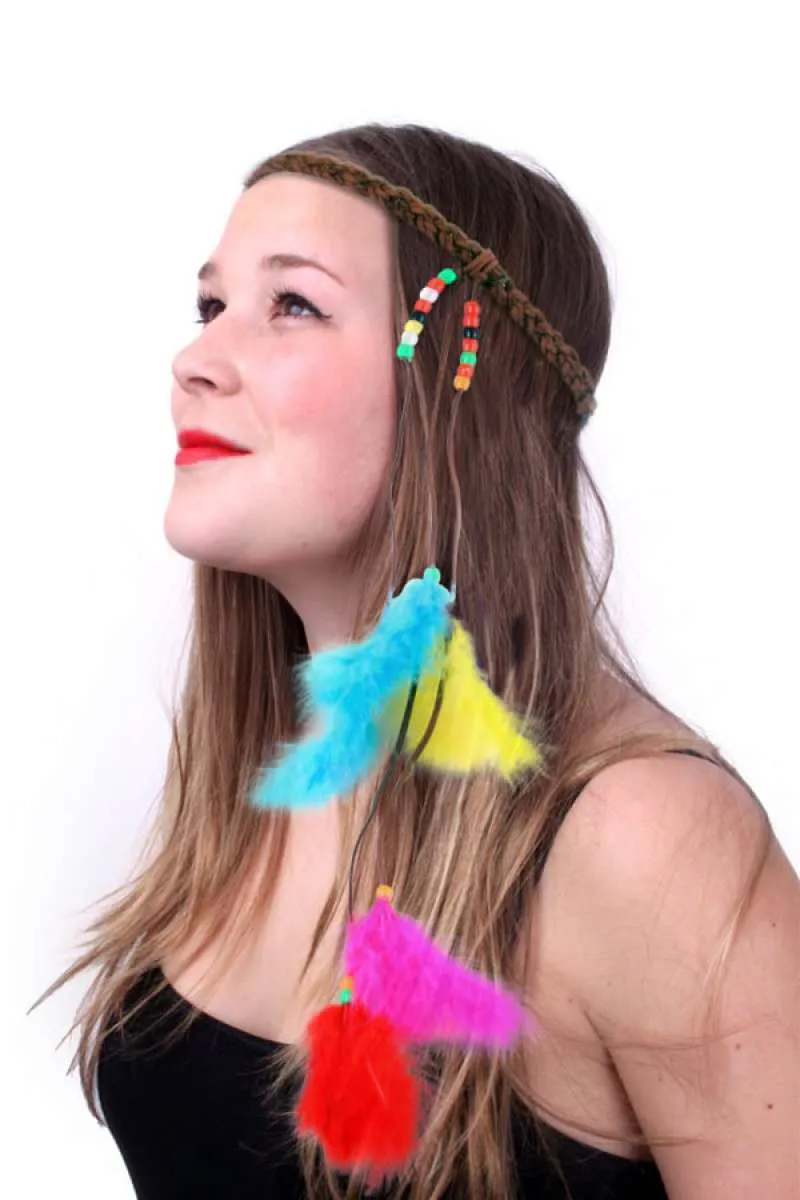Hoofdband met kralen en veertjes multicolour
