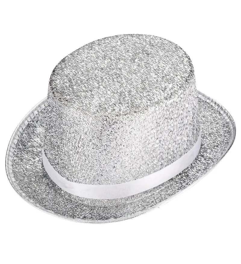 Hoge hoed zilver glitter lurex