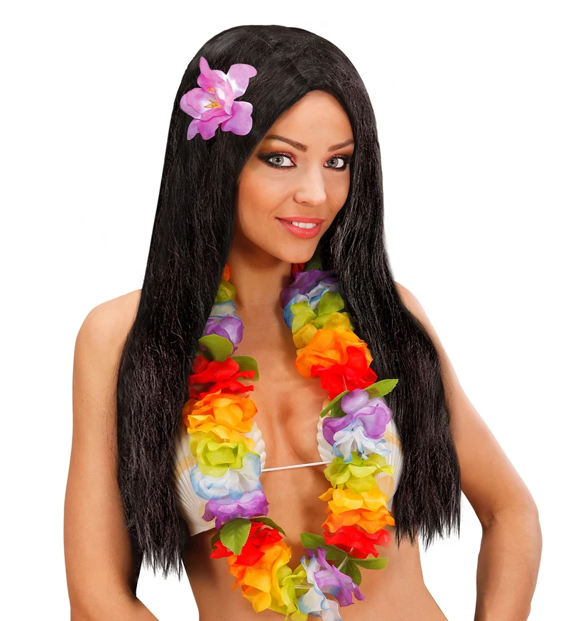 Hawaiiaanse pruik met bloem zwart