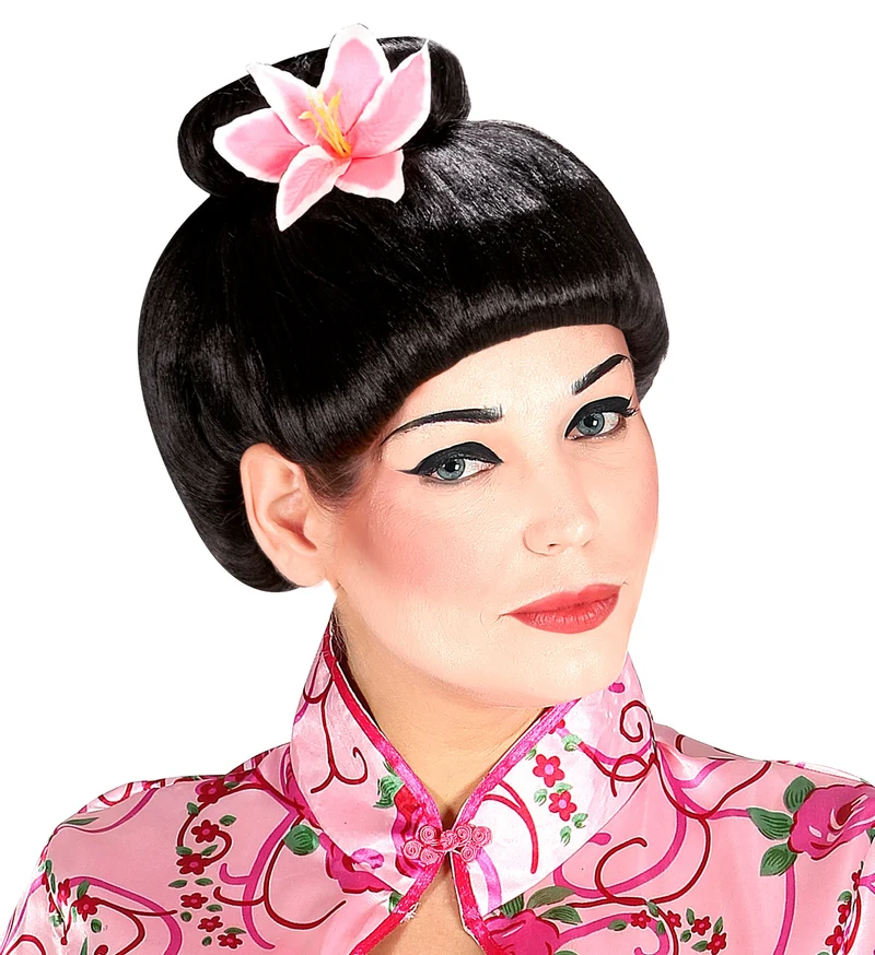 Japanse pruik met bloem zwart