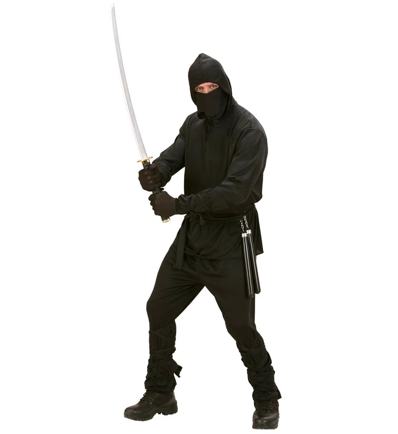 Ninja pak heren zwart met kapmantel, broek, riem, masker, arm en been banden