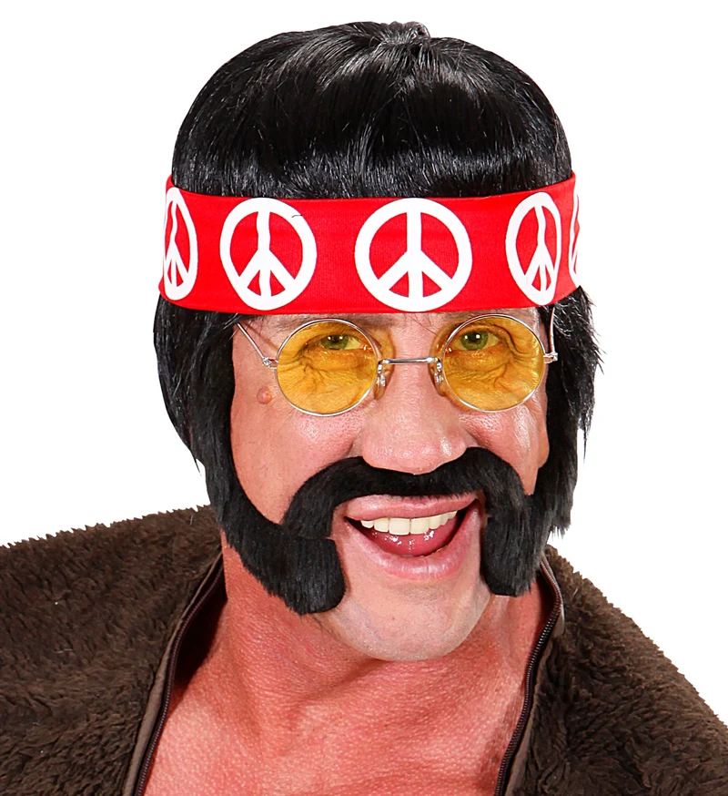 Hippie pruik met hoofdband en snor