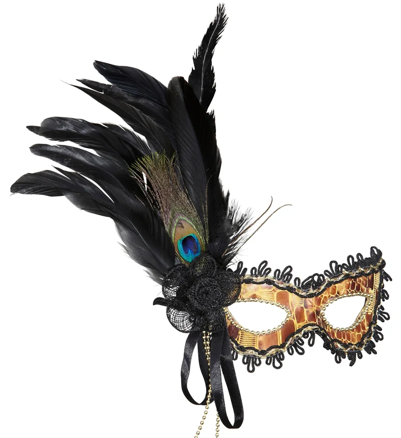 Oogmasker zwart met veren goud en kant