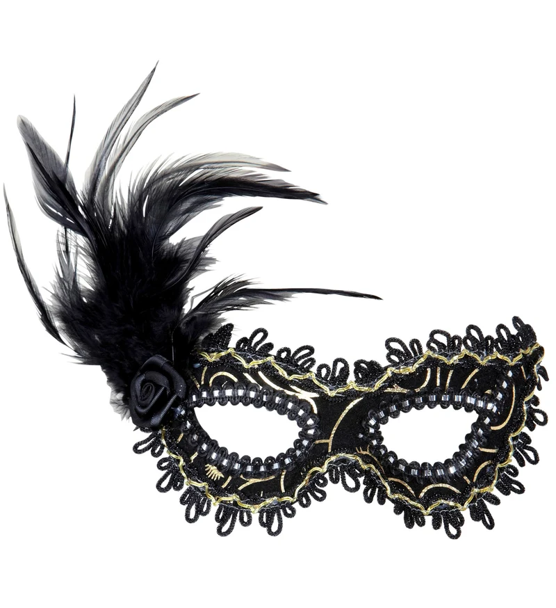 Oogmasker zwart met veren