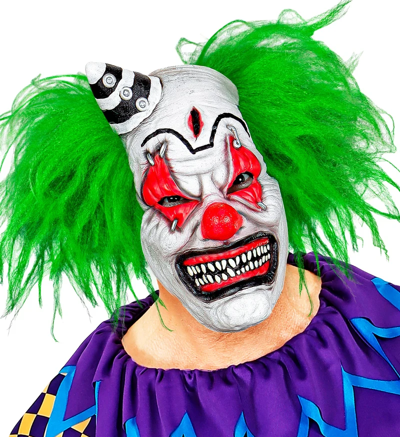 Horror clownsmasker clown groen haar