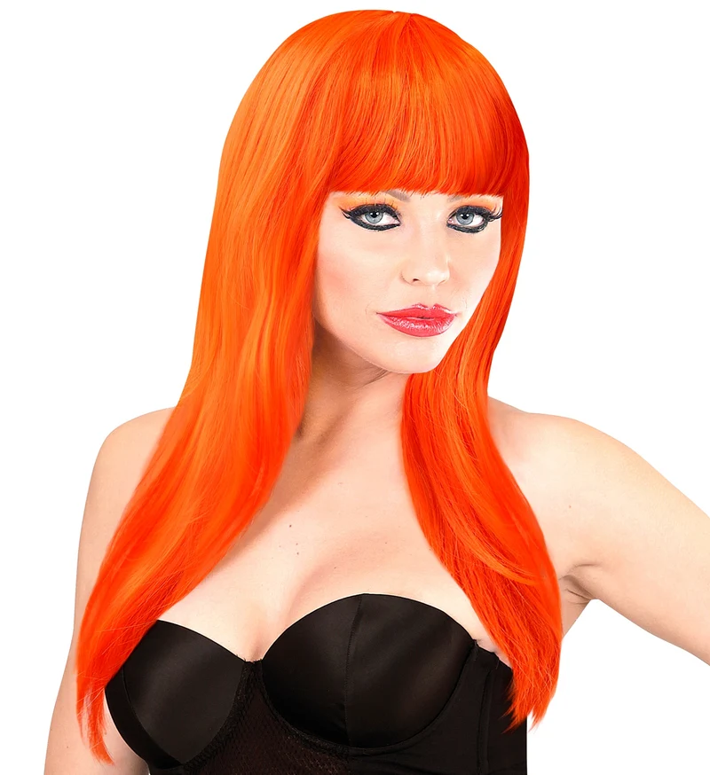 Oranje lang haar pruik