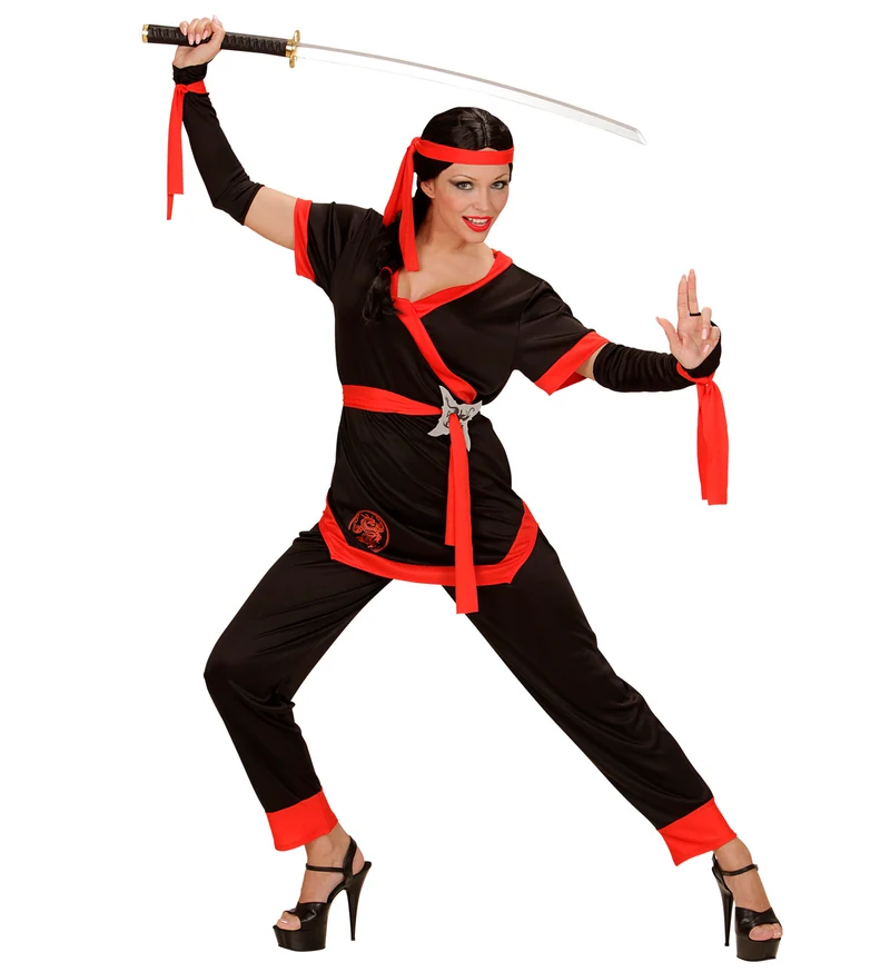 Ninja pak dames zwart met broek, jas, riem, armwarmers en hoofdband