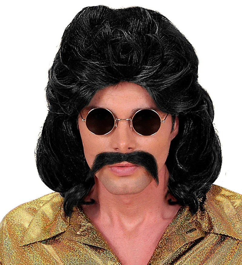 Disco pruik seventies man zwart met snor