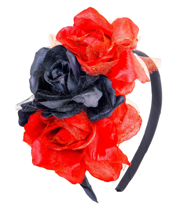 Halloween haarbandje met zwarte rode rozen