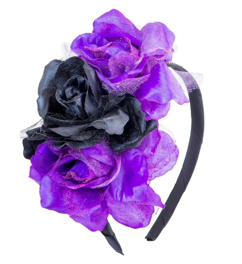 Halloween haarbandje met zwart paarse rozen