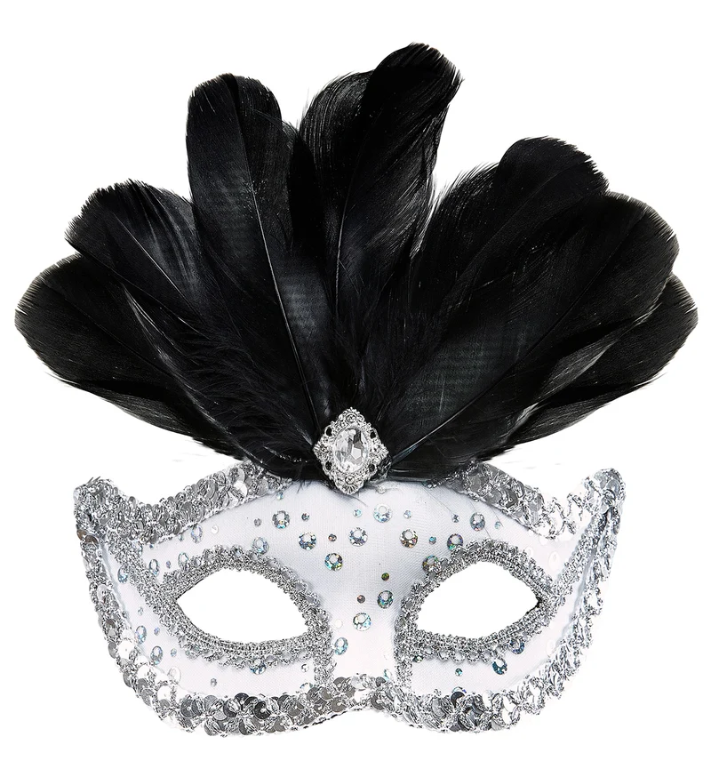 Zilveren oogmasker met zwarte veren