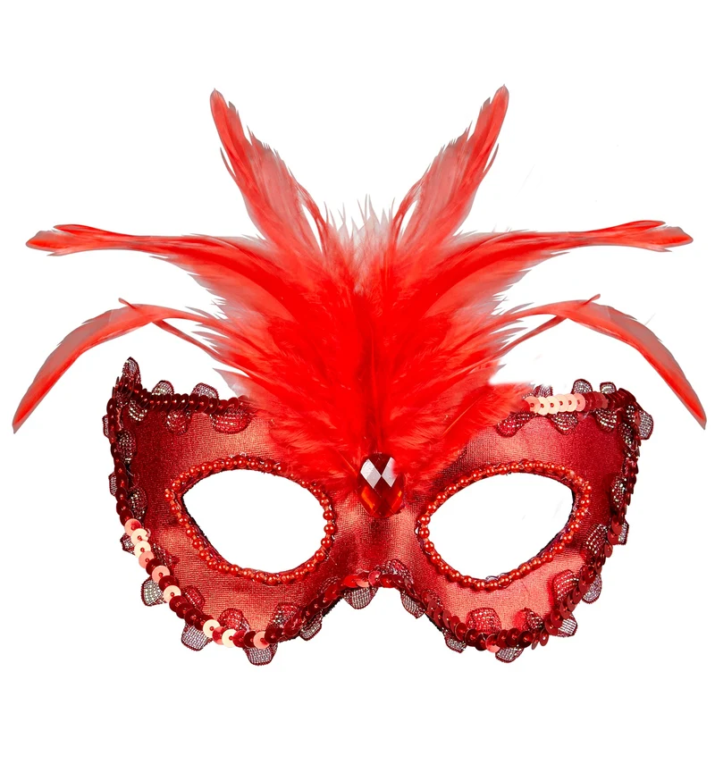 Rode baronessen oogmaskertjes met veertjes