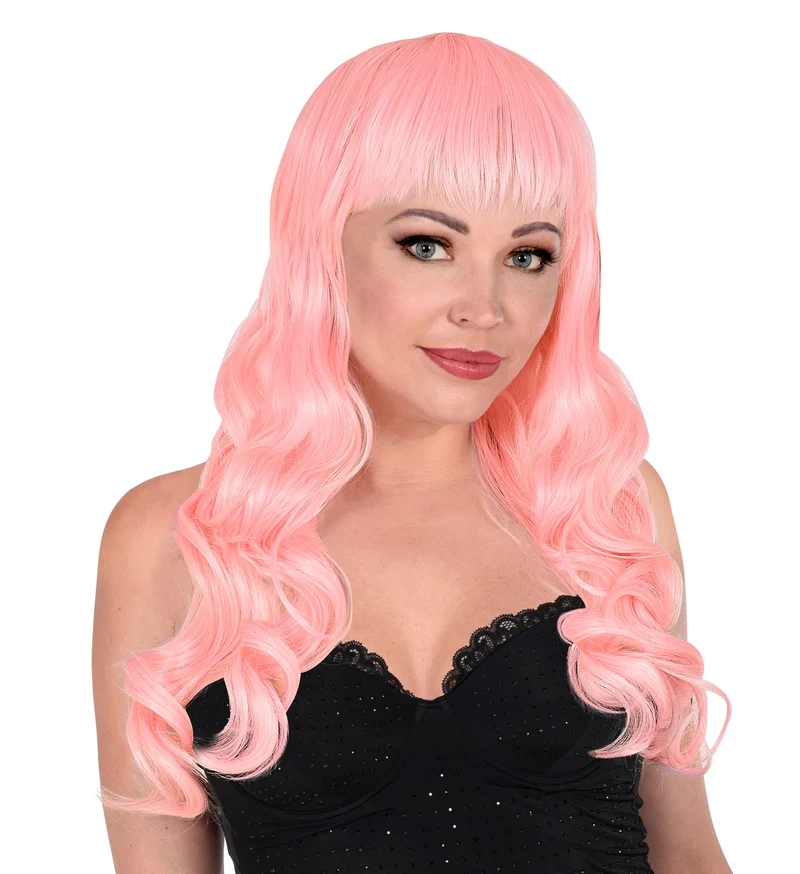Licht roze pruik met pony en lang krullend haar