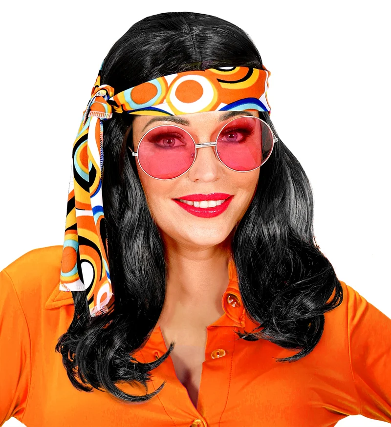 Disco pruik hippie met hoofdband zwart