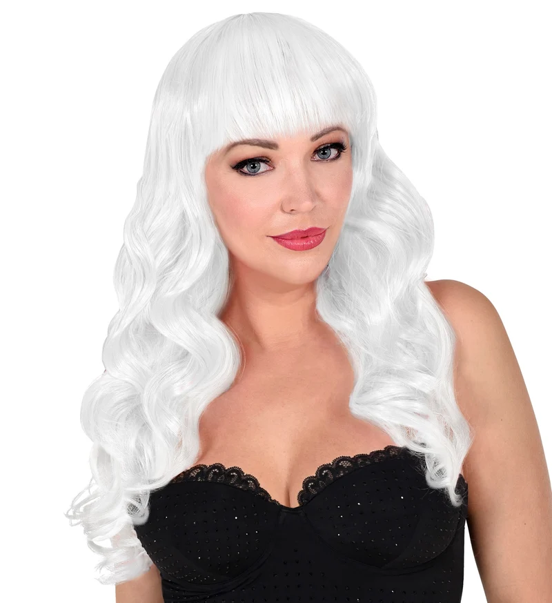 Witte pruik met pony en lang krullend haar