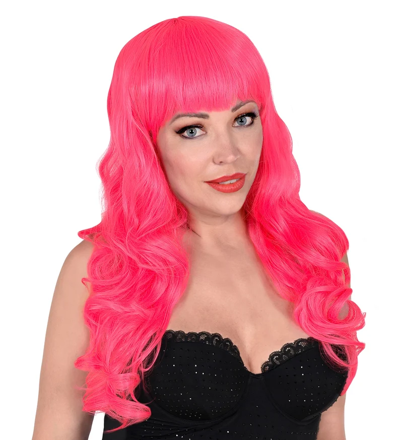 Roze pruik met pony en lang krullend haar