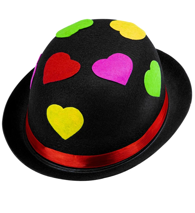 Zwarte bolhoed clown met hartjes