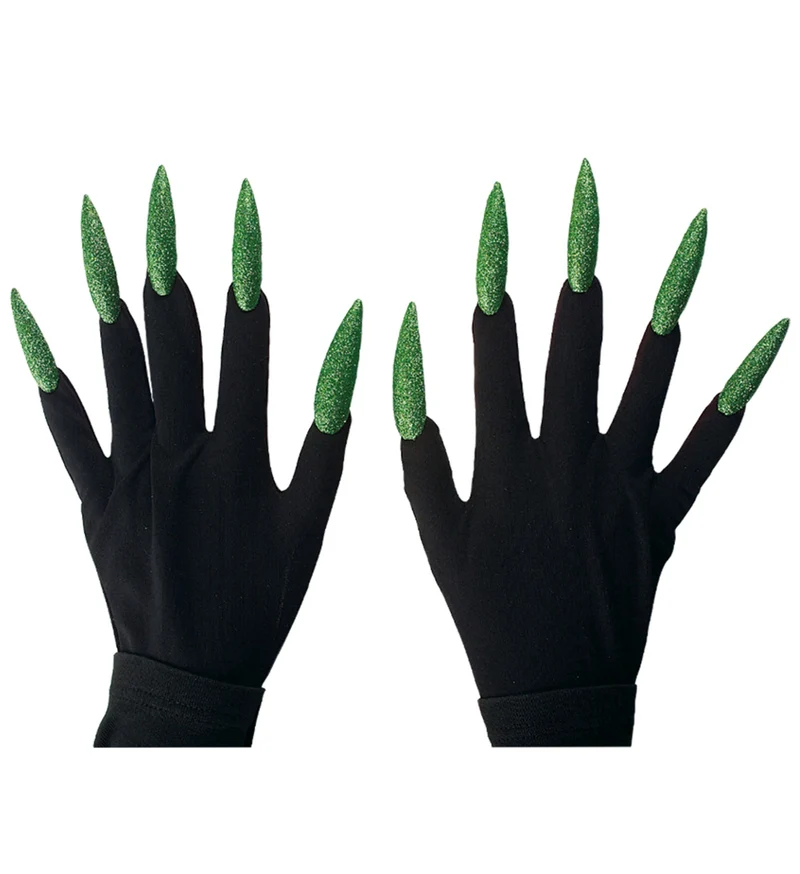 Heksen handschoenen zwart met groene nagels
