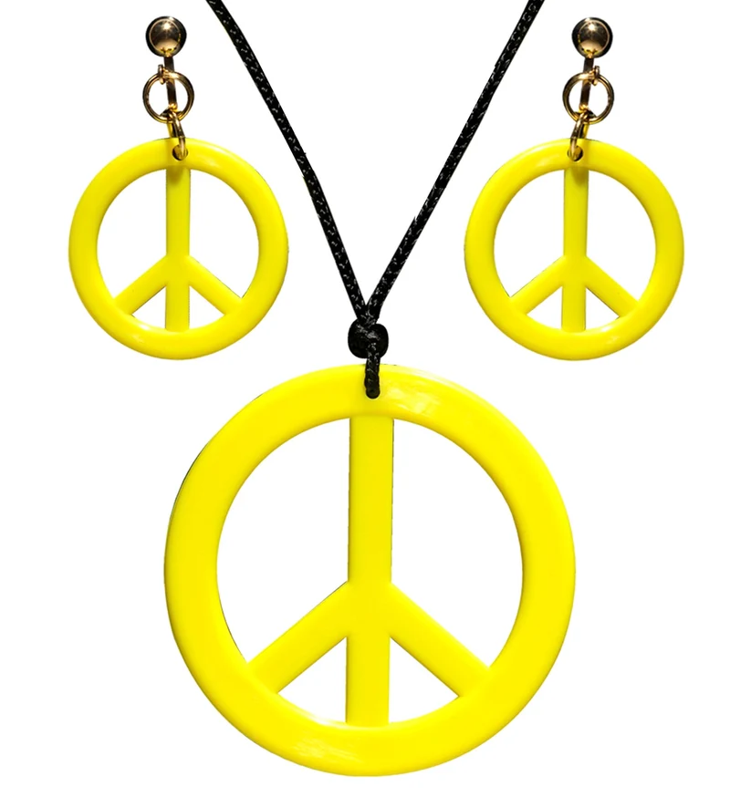 Hippie Peace ketting en oorbellen geel
