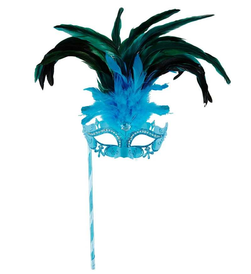 Azur blauwe oogmasker met veren op stokje