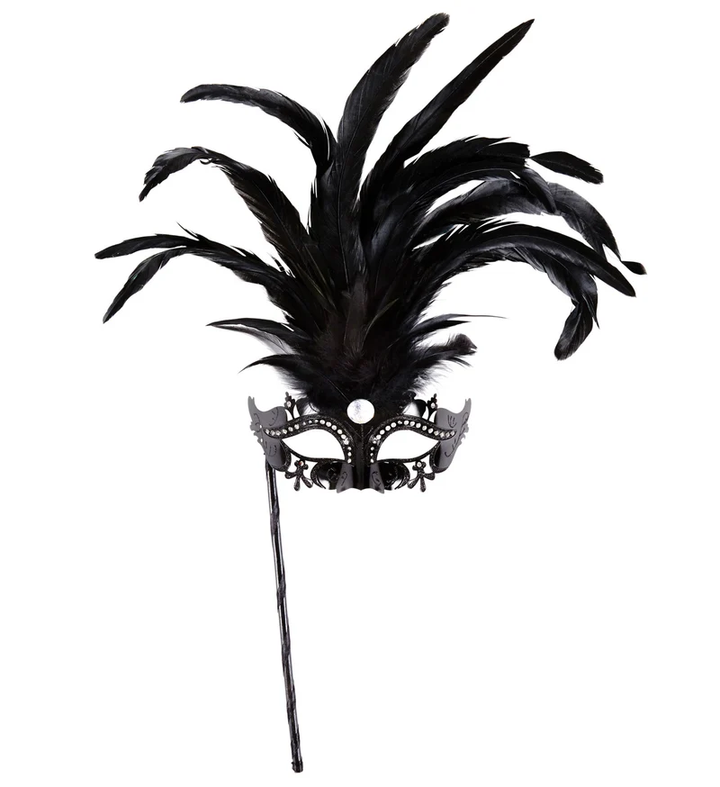Oogmasker met veren op stokje