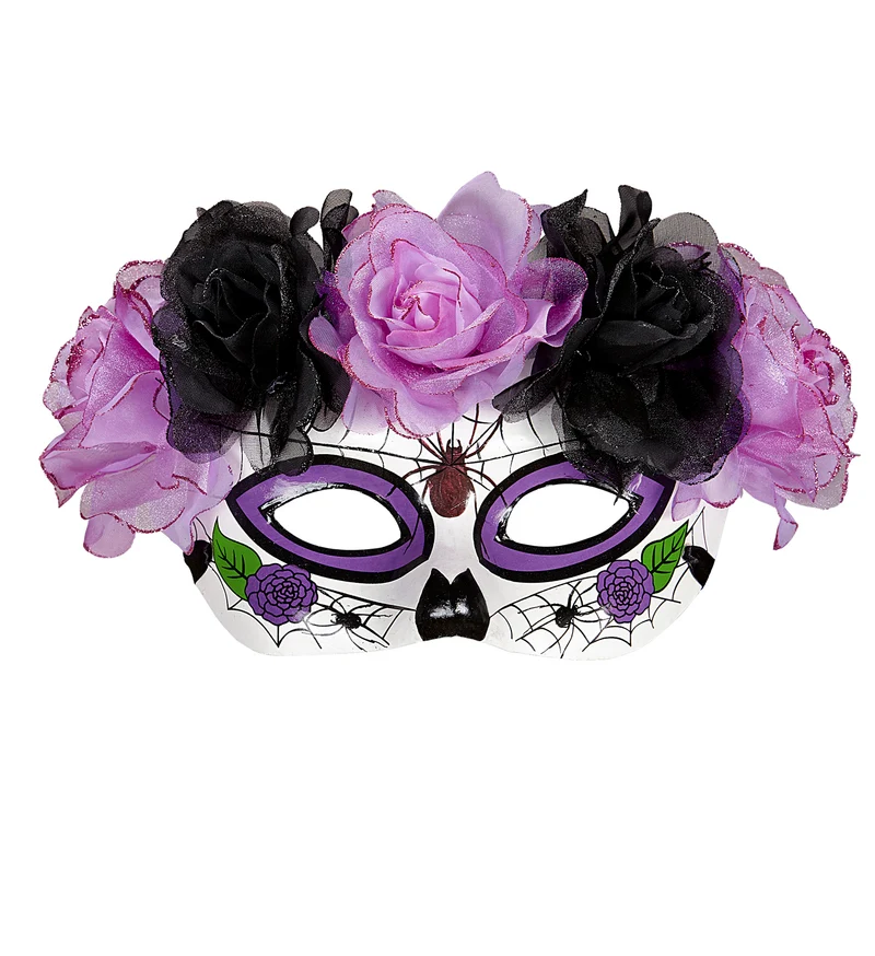 Masker Dia De Los Muertos Met Paars/Zwarte Rozen