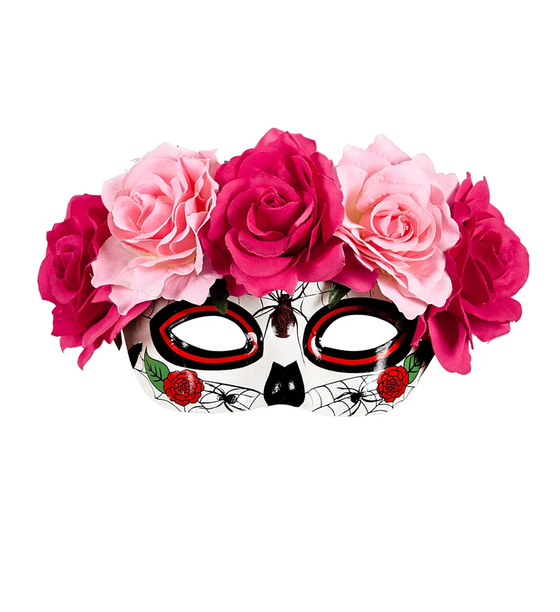 Oogmasker Dia De Los Muertos met roze bloemen.