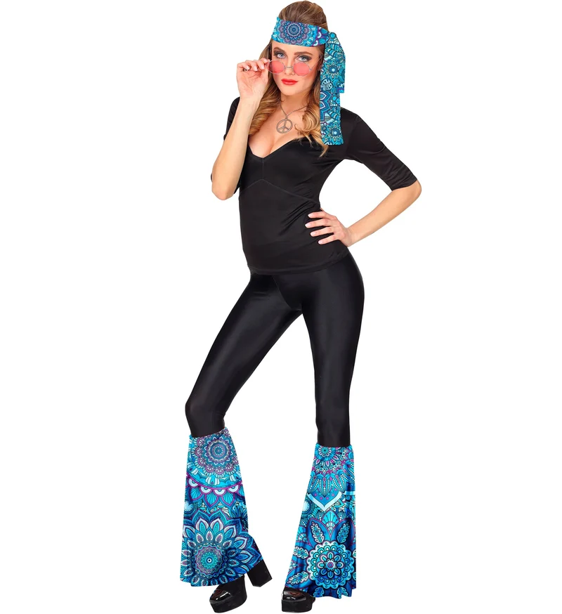 Hippie verkleedset jaren 70 blauw mandala met hoofdband en beenwarmers