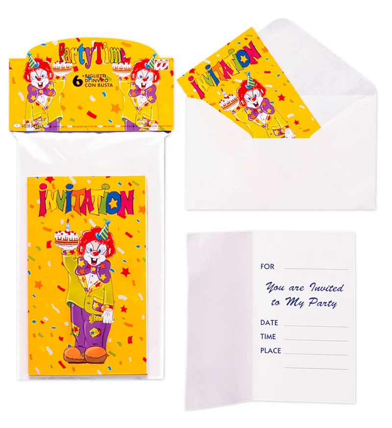6 Uitnodigingen Clown Met Enveloppe