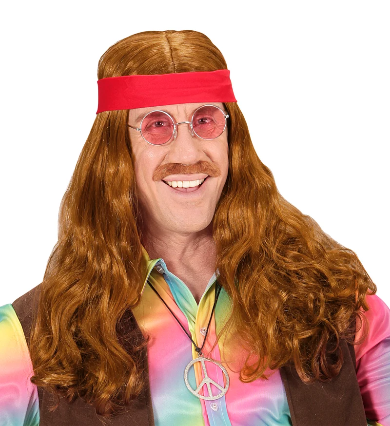 Pruik, Hippie Met Hoofdband En Snor