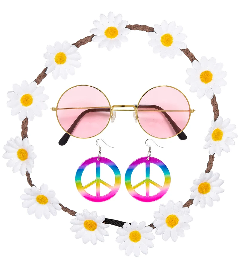 Hippie accessoireset dames heren met bloemen hoofdband, oorbellen en bril