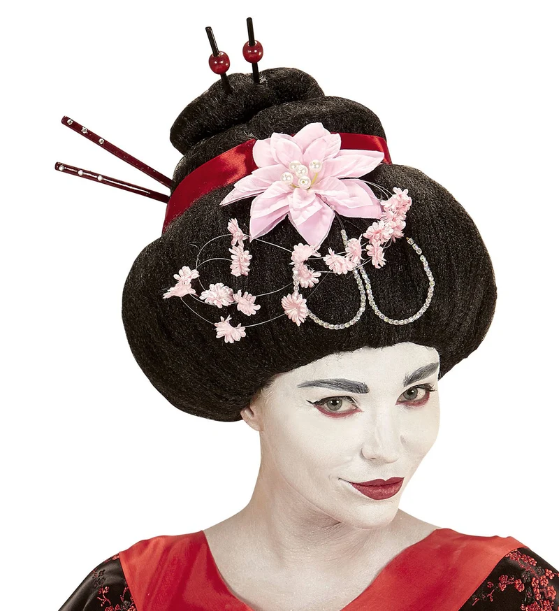 Geisha pruik met stokjes en bloemen