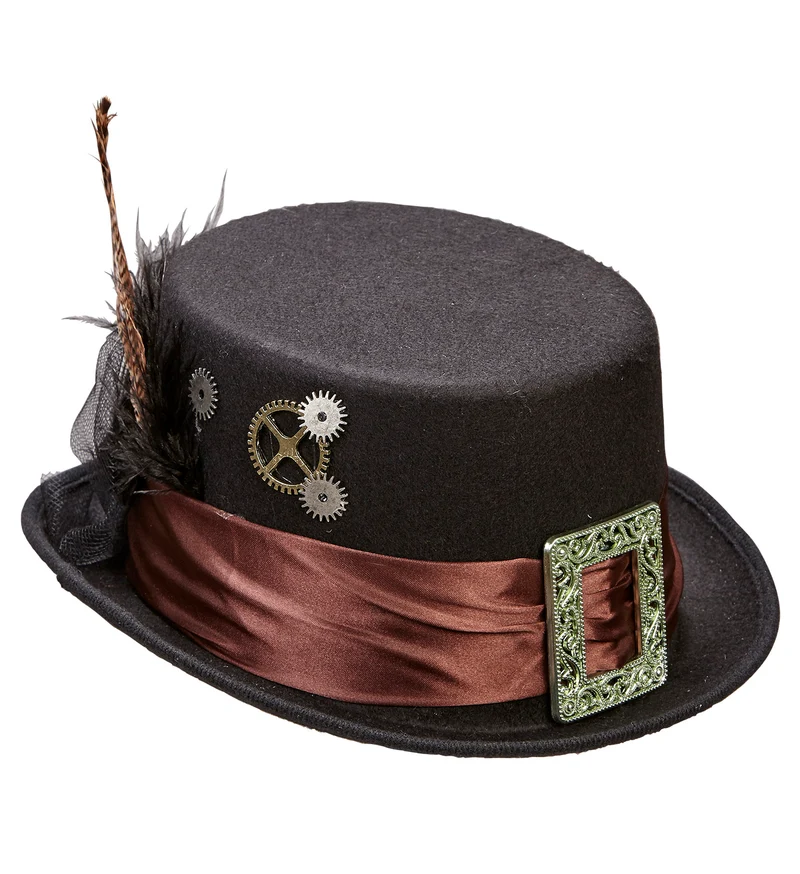Hoge hoed steampunk met veer