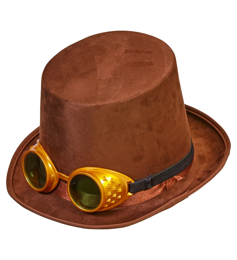 Hoge hoed steampunk bruin met stofbril